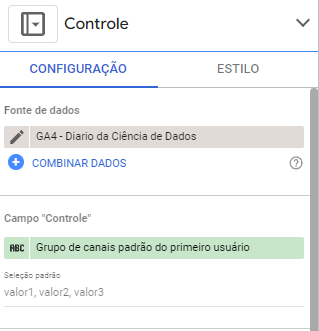 painel de configuração da fonte de dados e grupo de canais