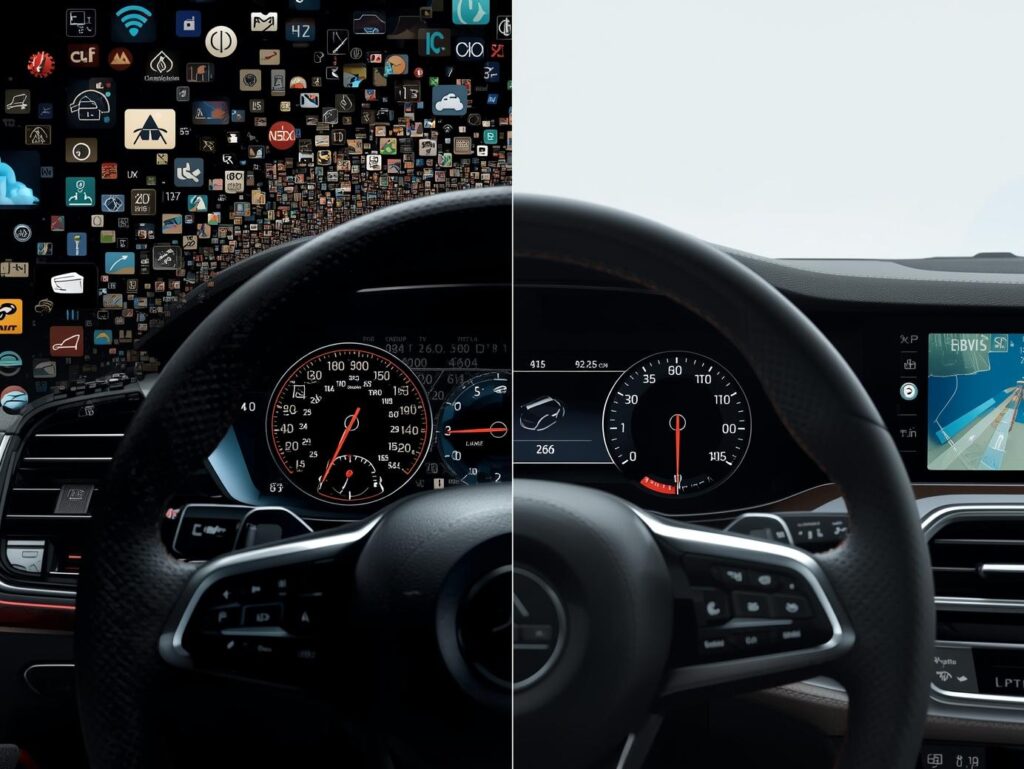 comparativo entre muitos e poucos indicadores no painel de um carro