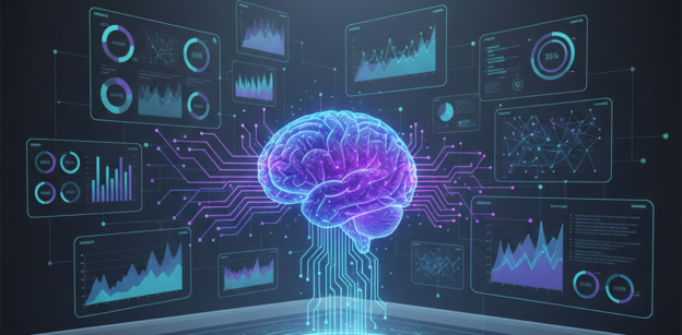 Ia para análise de dados - cérebro interagindo com dados e telas